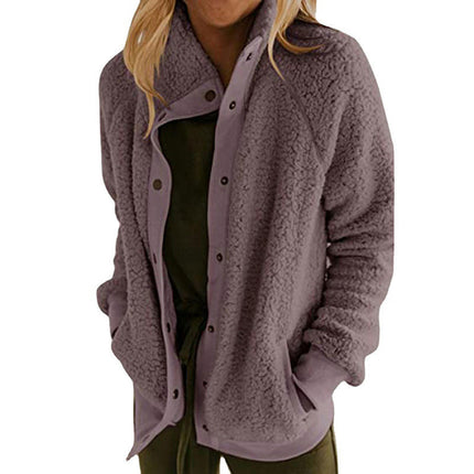 Women's Winter Long Sleeve Button Sherpa Pockets Warm Fleece Jacket Coat