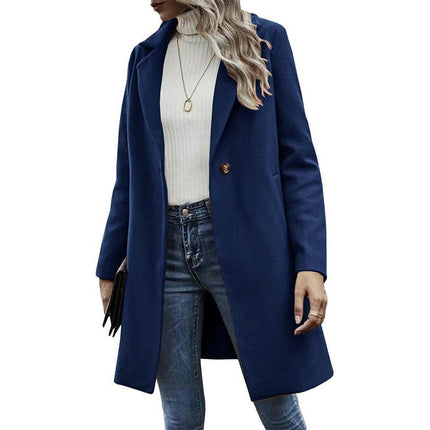 Women's Pea Coat Notched Collar Button Midi Long Trench Coat Outwear