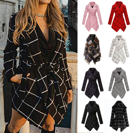 Women A Line Dress Coat Belted Notch Lapel Overcoat Fall Winter Trench Coats