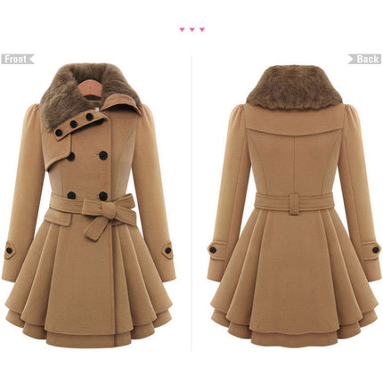 Women A Line Dress Coat Belted Fuzzy Lapel Overcoat Fall Winter Trench Coats