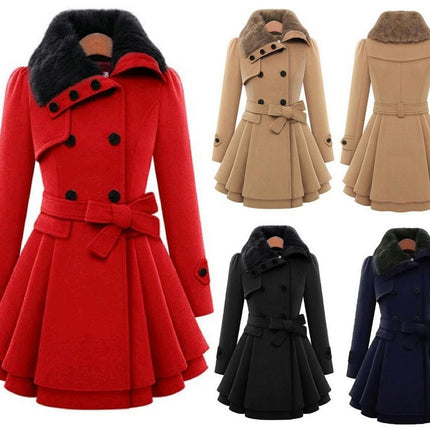 Women A Line Dress Coat Belted Fuzzy Lapel Overcoat Fall Winter Trench Coats