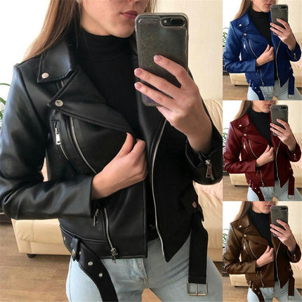 Women's Faux Leather Textured Short Moto Jacket Zip-up Slim PU Biker Coat with Pockets