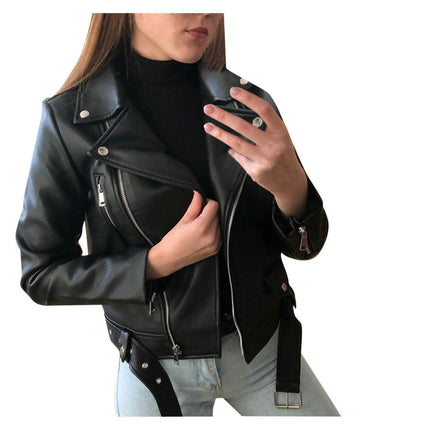 Women's Faux Leather Textured Short Moto Jacket Zip-up Slim PU Biker Coat with Pockets