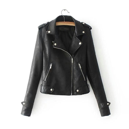 Women's Faux Leather Motorcycle Jackets PU Slim Short Biker Coats