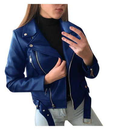 Women's Faux Leather Textured Short Moto Jacket Zip-up Slim PU Biker Coat with Pockets