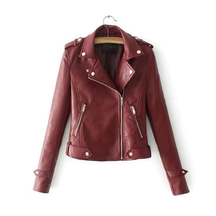 Women's Faux Leather Motorcycle Jackets PU Slim Short Biker Coats