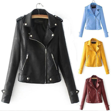 Women's Faux Leather Motorcycle Jackets PU Slim Short Biker Coats