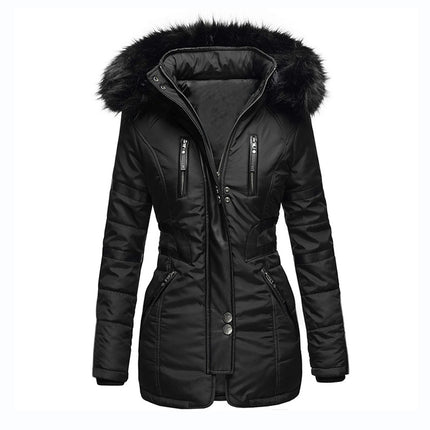 Women's Quilted Puffer Jacket Faux Fur Hooded Long Coat Full-Zip Jacket