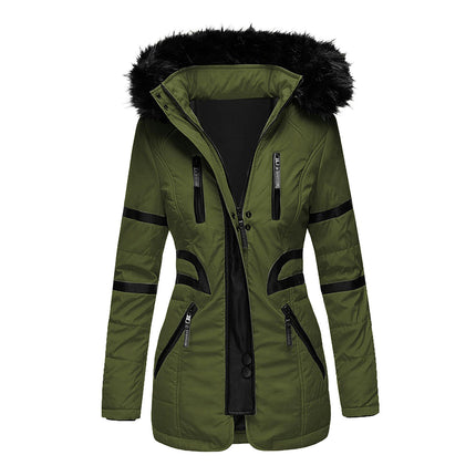 Women's Quilted Puffer Jacket Faux Fur Hooded Long Coat Full-Zip Jacket