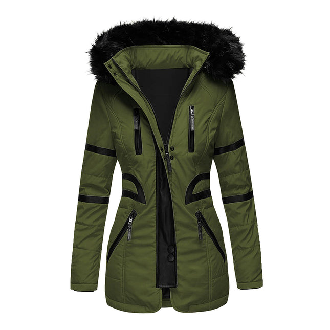 Women's Quilted Puffer Jacket Faux Fur Hooded Long Coat Full-Zip Jacket