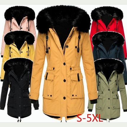 Women's Winter Thicken Fleece Lined Jacket Faux Fur Hooded Parka Coat