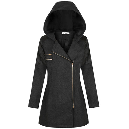 Women's Warm Zipper Fleece Pea Coat Trench Coat Jacket with Hood