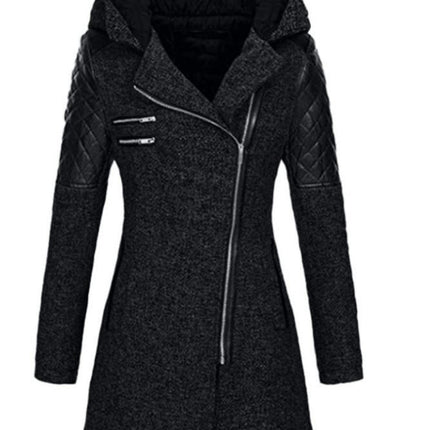 Women's Warm Zipper Fleece Pea Coat Trench Coat Jacket with Hood