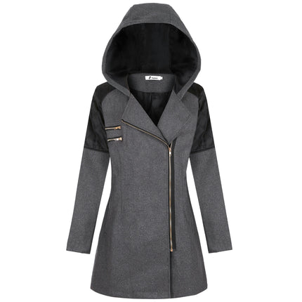 Women's Warm Zipper Fleece Pea Coat Trench Coat Jacket with Hood