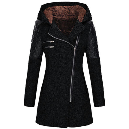 Women's Warm Zipper Fleece Pea Coat Trench Coat Jacket with Hood 1