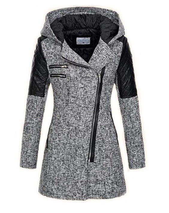 Women's Warm Zipper Fleece Pea Coat Trench Coat Jacket with Hood