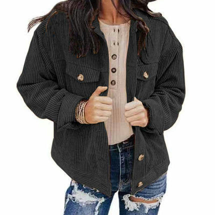 Women's Cropped Button Down Corduroy Jackets Casual Long Sleeve Jackets Coat