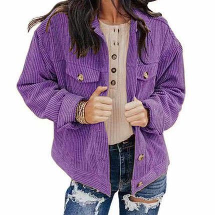 Women's Cropped Button Down Corduroy Jackets Casual Long Sleeve Jackets Coat