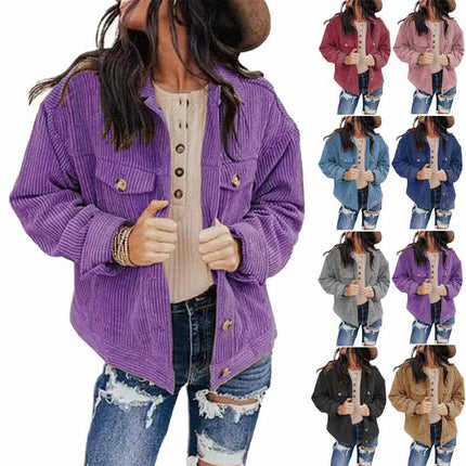 Women's Cropped Button Down Corduroy Jackets Casual Long Sleeve Jackets Coat