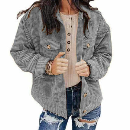 Women's Cropped Button Down Corduroy Jackets Casual Long Sleeve Jackets Coat