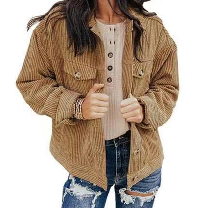 Women's Cropped Button Down Corduroy Jackets Casual Long Sleeve Jackets Coat