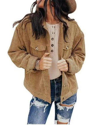 Women's Cropped Button Down Corduroy Jackets Casual Long Sleeve Jackets Coat