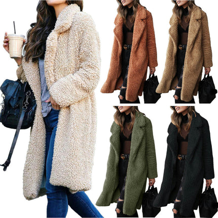 Women's Fuzzy Fleece Lapel Open Front Long Cardigan Coat Faux Fur Warm Winter Jackets