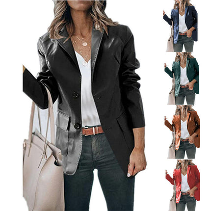 Women's Faux Leather Blazer Jackets Button Moto Biker Coat