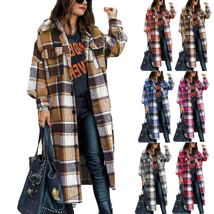 Women's Lounge Lapel Button Up Long Sleeve Plaid Long Shirt Jacket