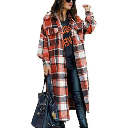 Women's Lounge Lapel Button Up Long Sleeve Plaid Long Shirt Jacket