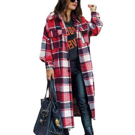 Women's Lounge Lapel Button Up Long Sleeve Plaid Long Shirt Jacket