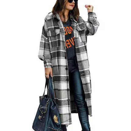 Women's Lounge Lapel Button Up Long Sleeve Plaid Long Shirt Jacket