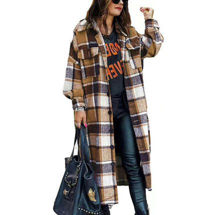 Women's Lounge Lapel Button Up Long Sleeve Plaid Long Shirt Jacket