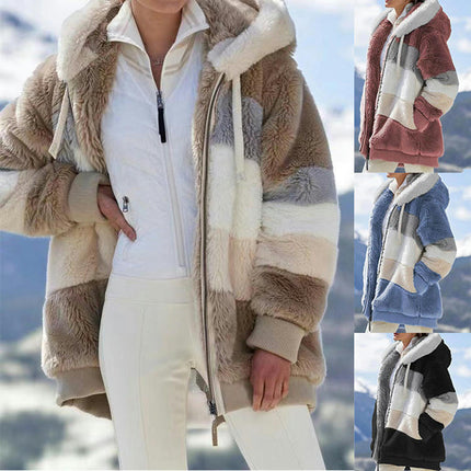 Women's Winter Fuzzy Fleece Jacket Hooded Color Block Zip Coats Outerwear with Pockets