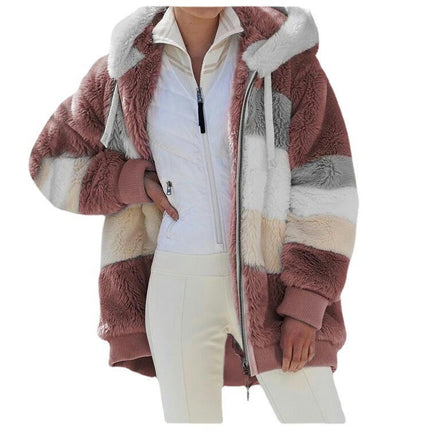 Women's Winter Fuzzy Fleece Jacket Hooded Color Block Zip Coats Outerwear with Pockets