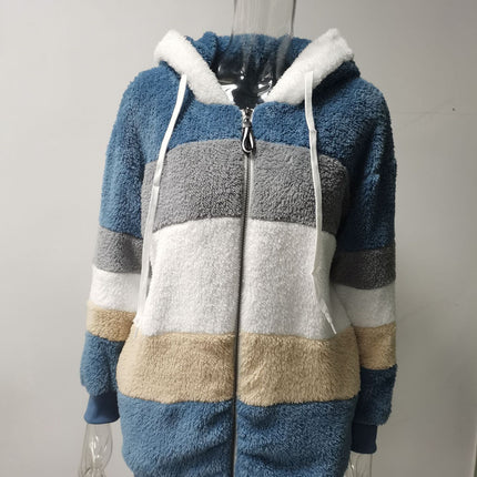 Women's Winter Fuzzy Fleece Jacket Hooded Color Block Zip Coats Outerwear with Pockets