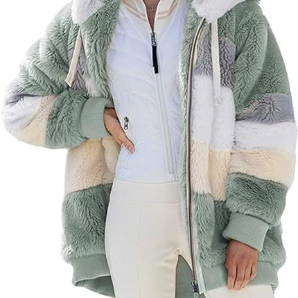 Women's Winter Fuzzy Fleece Jacket Hooded Color Block Zip Coats Outerwear with Pockets