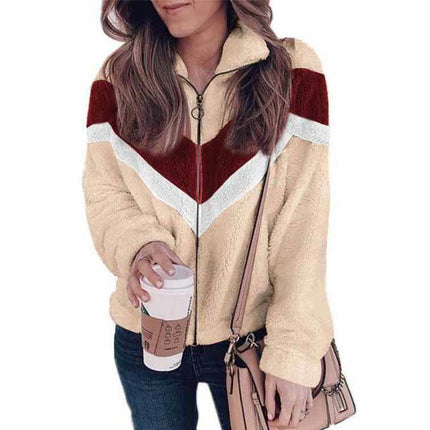 Women Color Block Jacket Full Zip Fuzzy Teddy Coat with Pockets