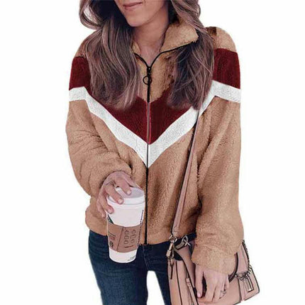 Women Color Block Jacket Full Zip Fuzzy Teddy Coat with Pockets