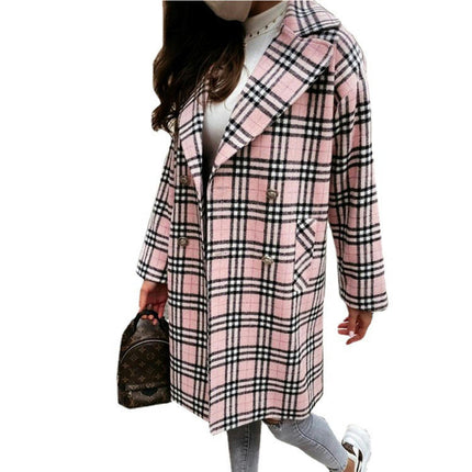 Women's Plaid Jacket Casual Button Wool Blend Winter Tartan Trench Coat With Pockets