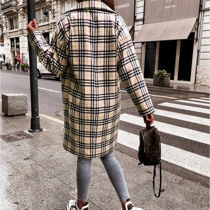 Women's Plaid Jacket Casual Button Wool Blend Winter Tartan Trench Coat With Pockets