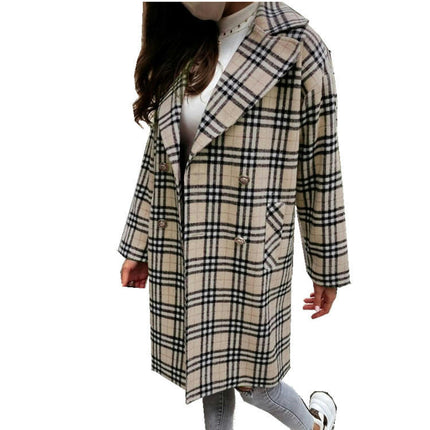 Women's Plaid Jacket Casual Button Wool Blend Winter Tartan Trench Coat With Pockets