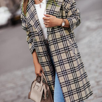 Women's Plaid Jacket Casual Button Wool Blend Winter Tartan Trench Coat With Pockets