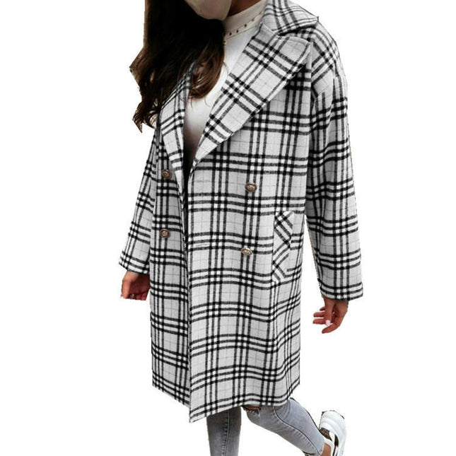 Women's Plaid Jacket Casual Button Wool Blend Winter Tartan Trench Coat With Pockets