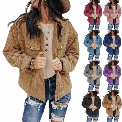 Women's Cropped Button Down Corduroy Jackets Casual Long Sleeve Crop Jackets