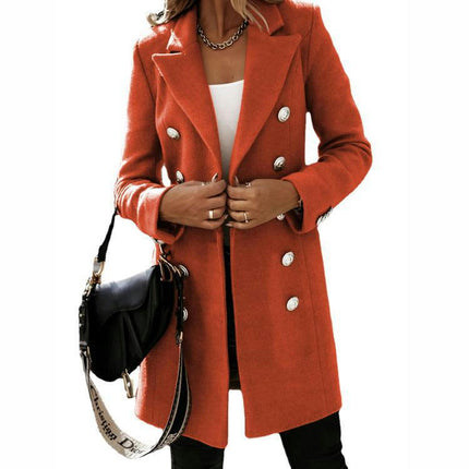 Women's Notch Lapel Double Breasted Wool Blend Mid Long Pea Trench Coat