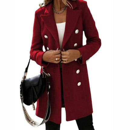 Women's Notch Lapel Double Breasted Wool Blend Mid Long Pea Trench Coat