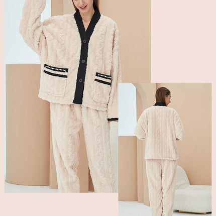 Fluffy Fleece Pajamas Set For Women Winter 2 Piece Top And Pants Sleepwear