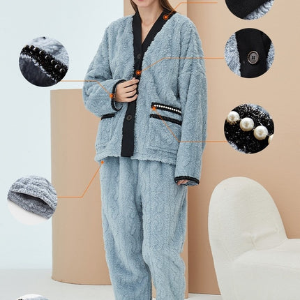 Fluffy Fleece Pajamas Set For Women Winter 2 Piece Top And Pants Sleepwear