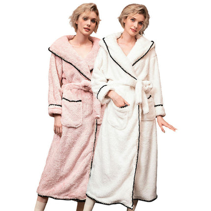 Women's Fleece Hooded Bathrobe Plush Long Robe Nightgown